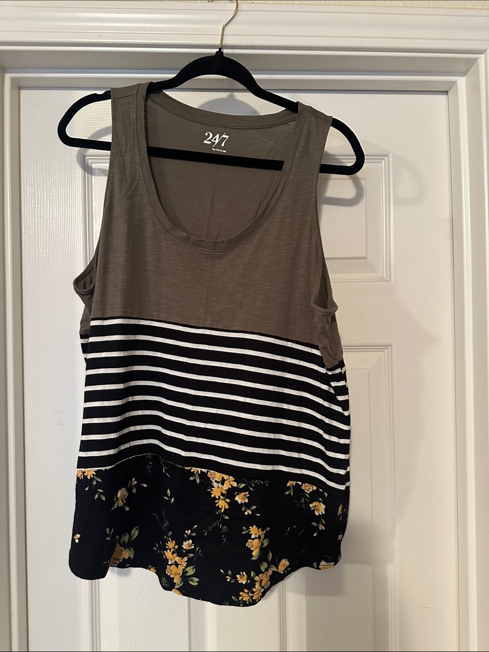 Maurices 24/7 Olive Stripe & Floral Scoop Neck Tank Top